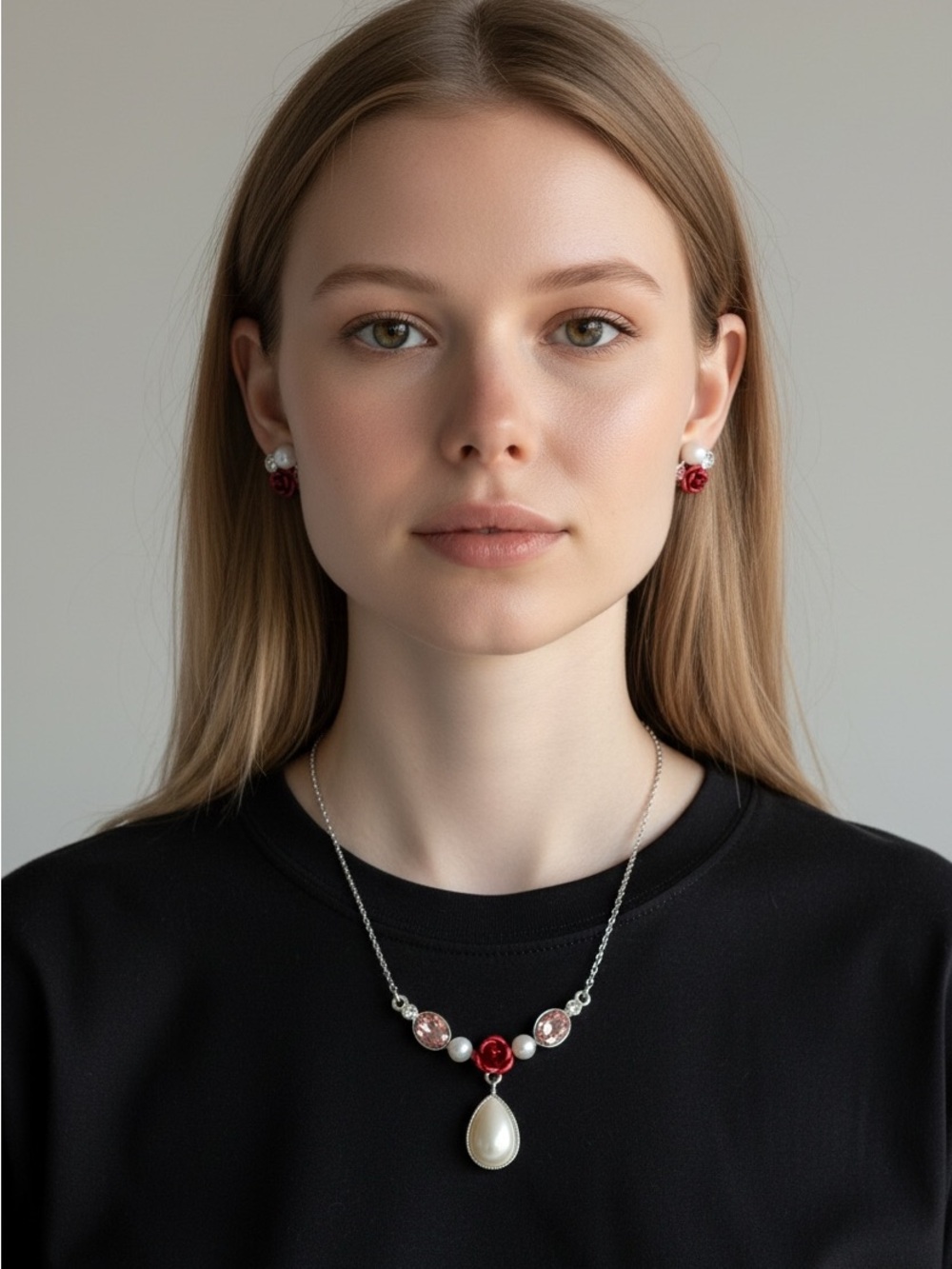 10/16 Avon Silver-Tone Necklace with Red Rose Accents and Pearl Drop